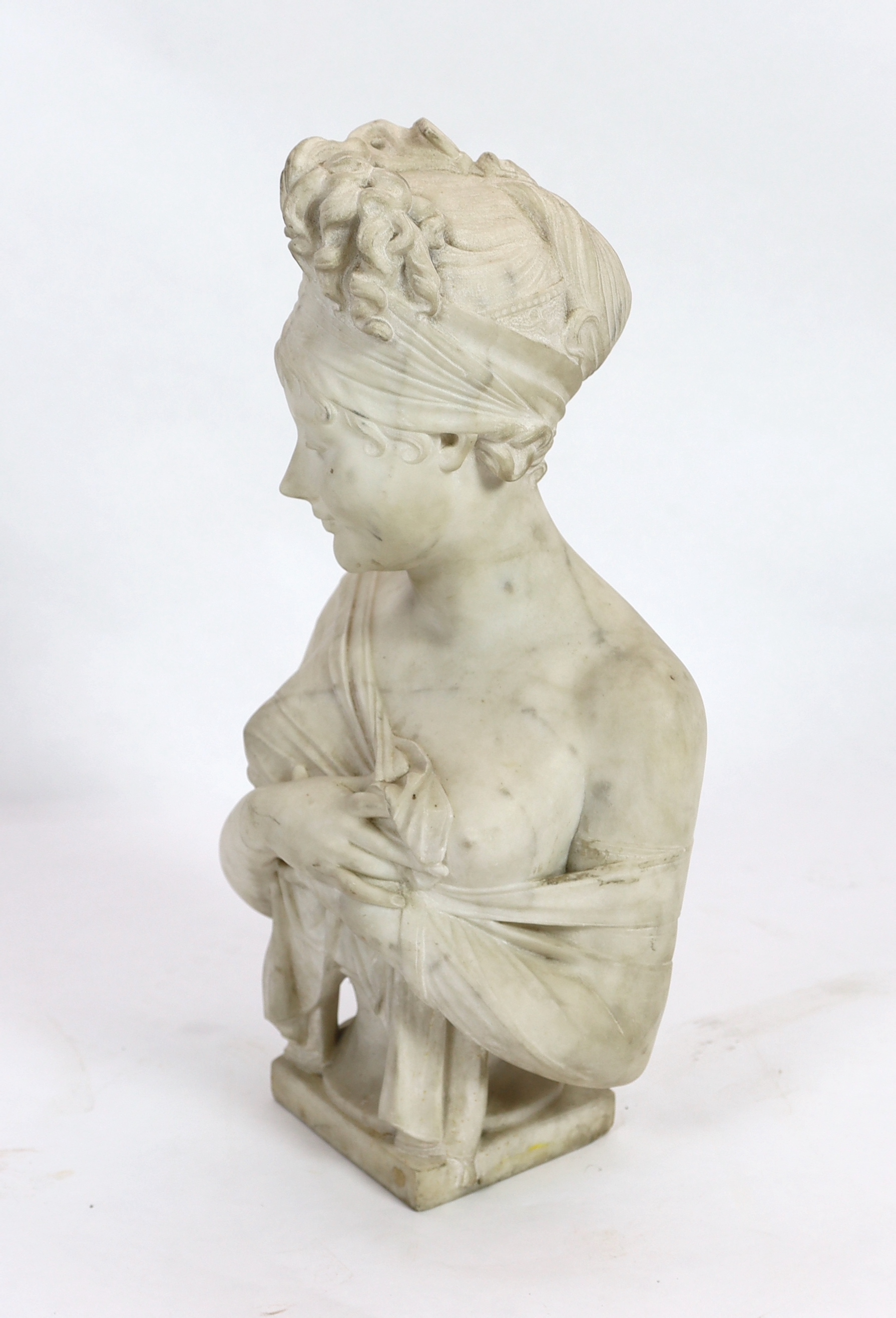 After Joseph Chinard (French 1756-1813). A French white marble bust of Juliette Récamier